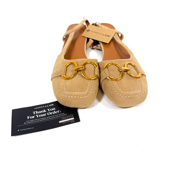 Harper & Lane Beige Suede Slingback Flats Gold Horsebit Low Heel Size 40 New - Picture 2 of 13